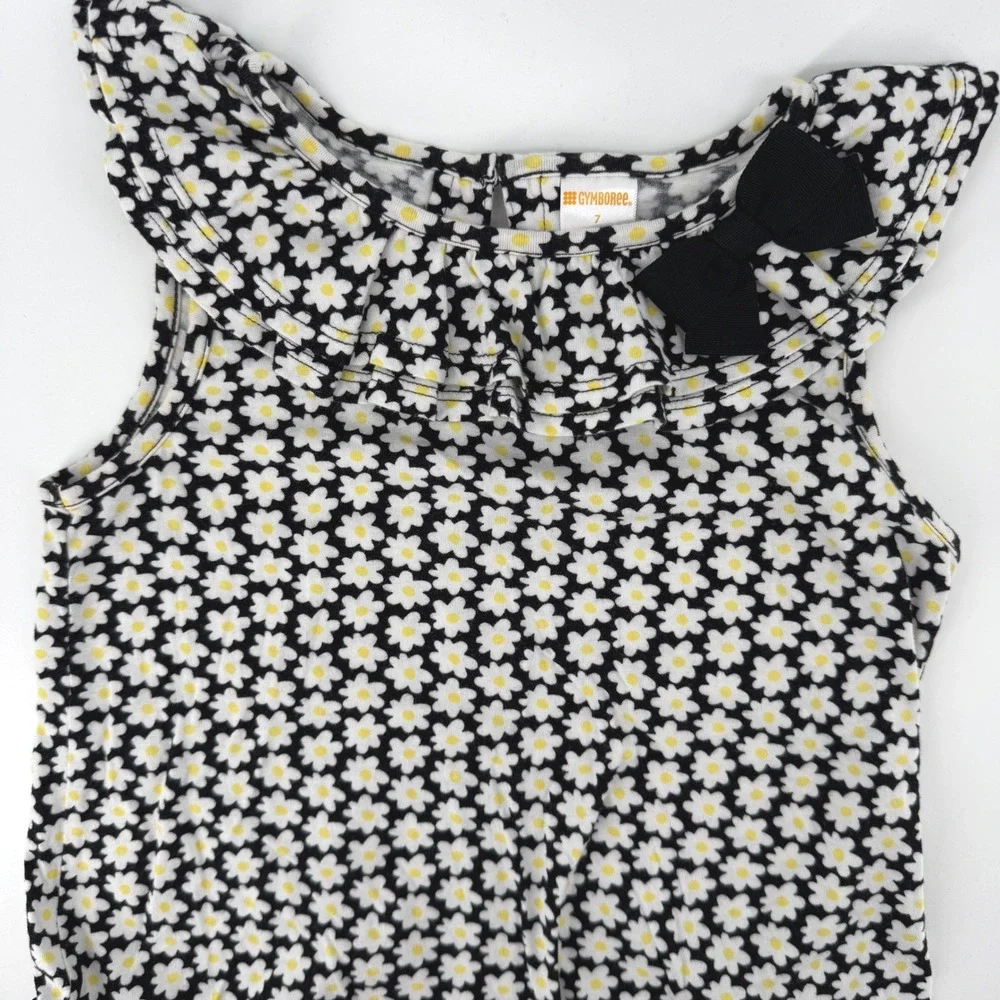 Gymboree Daisy Floral Top Girls Size 7 Black White Yellow Ruffle Peplum‎ Bow